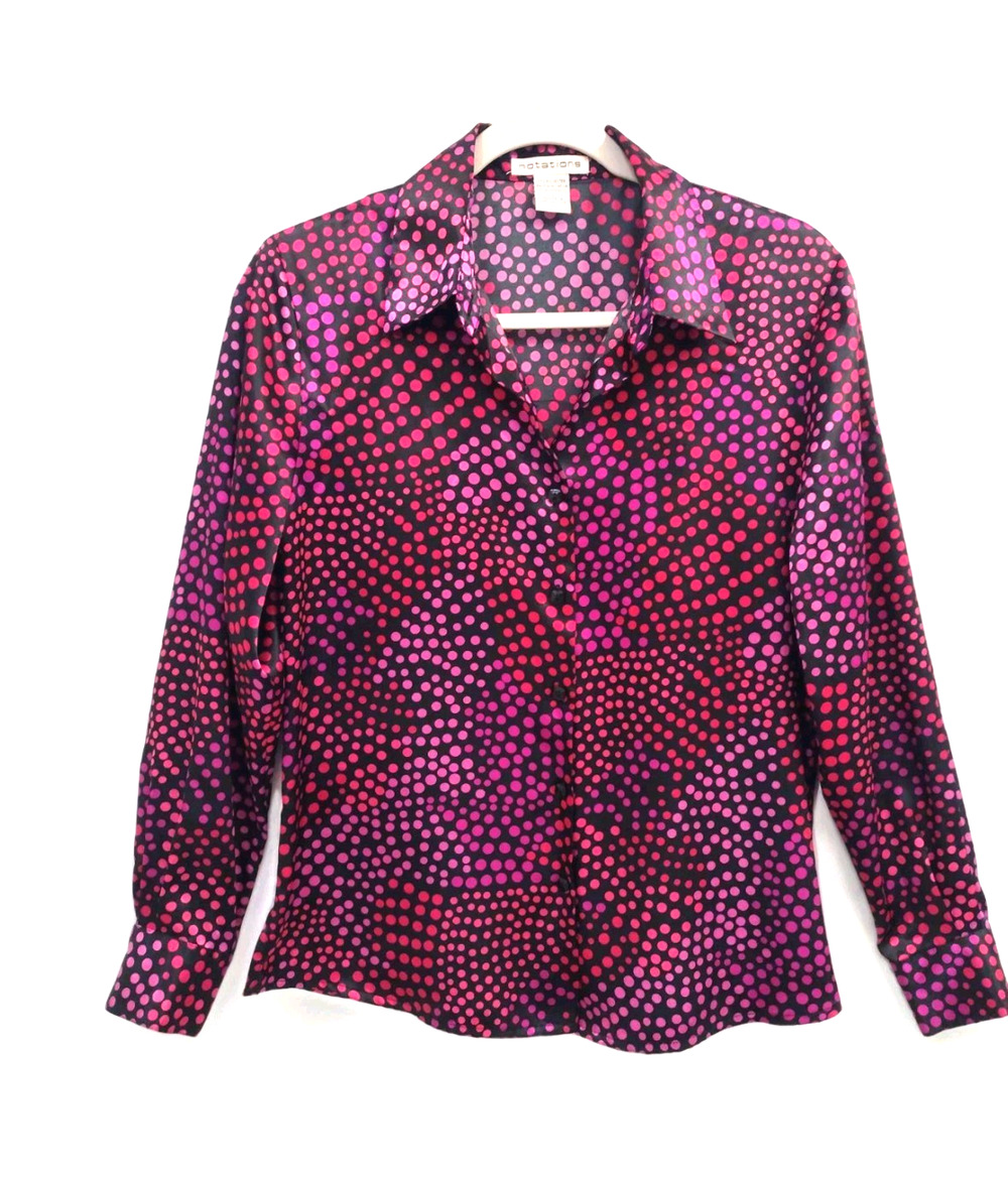 Notations blouse small – black satin polka, pink magenta Night Out